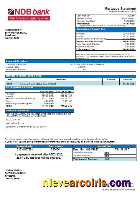 Sierra Leone National Development bank mortgage statement